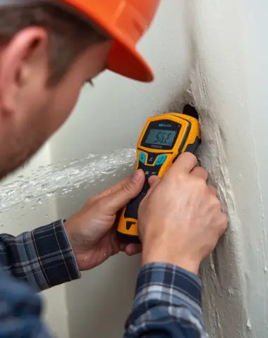 Handwerker bei der Leckortung eines Rohrbruchs mit Messgerät in der Wand
